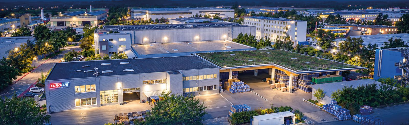 EUROLUB headquarters, tank farm and warehouse in Eching near Munich at dusk